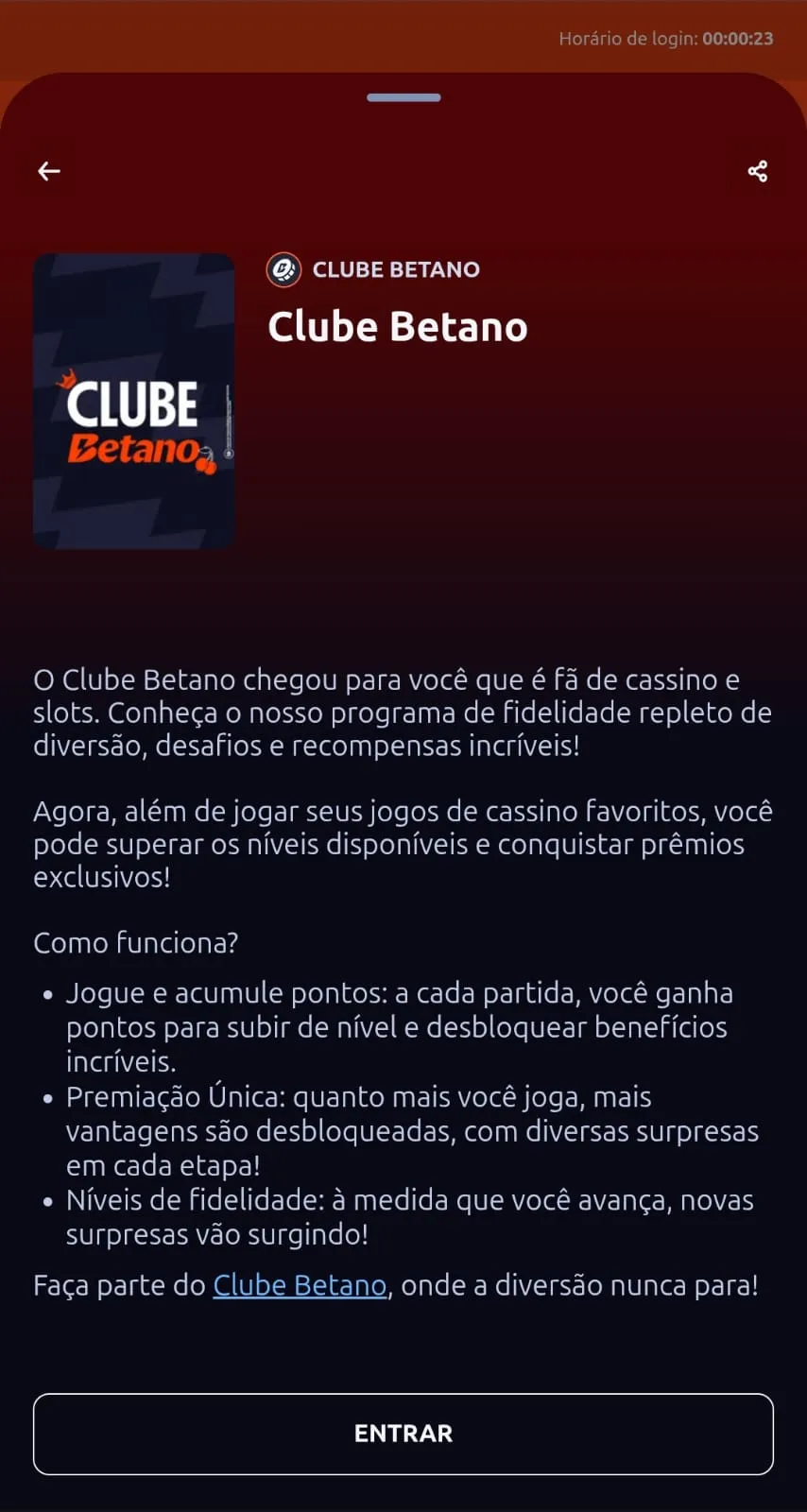 Página promocional do Clube Betano com informações sobre o funcionamento da oferta.
