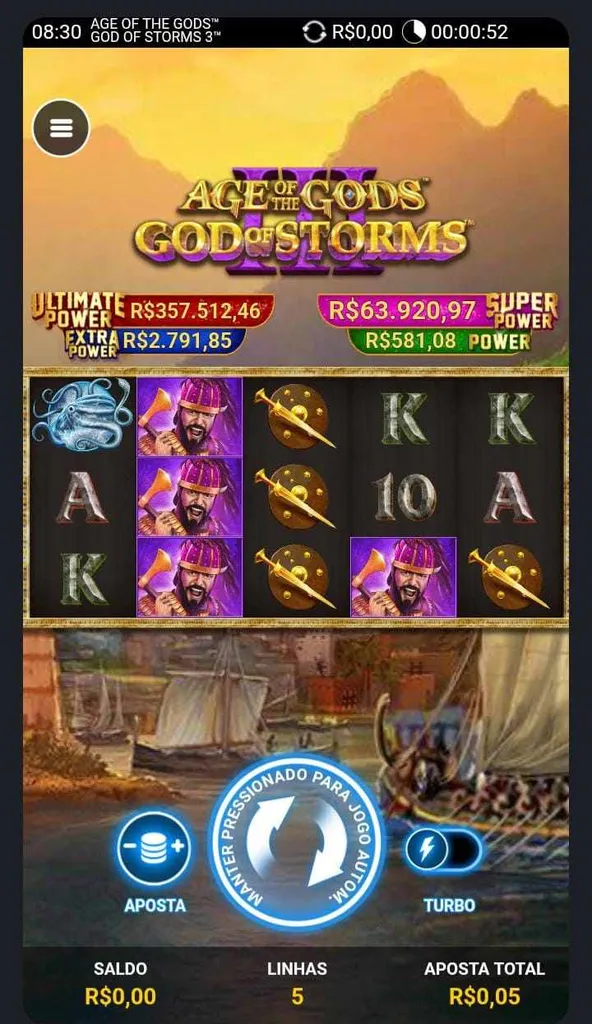 Jogo Age of the Gods: God of Storms 3 com aposta definida em R$0,05, 5 linhas de pagamentos e símbolos espalhados na grade 3x5.