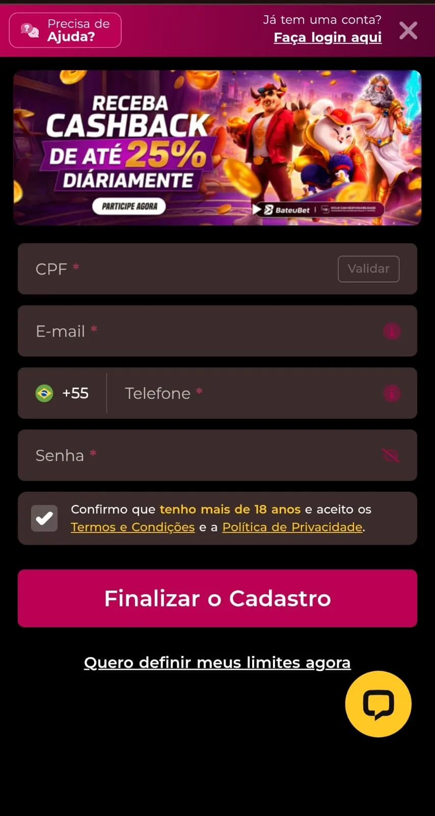 Primeira etapa do formulário de cadastro da BateuBet