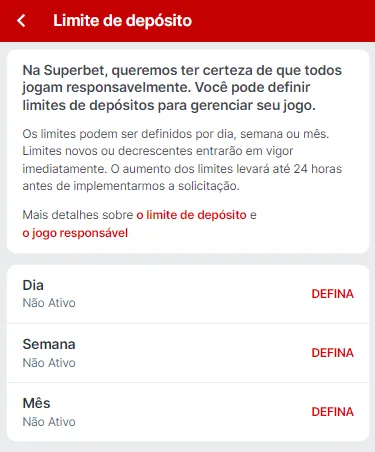 Página de Limite de Depósitos da Superbet, com texto explicativo e opção de definir limite de depósito de dia, semana e mês