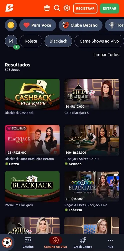 Página dos jogos de blackjack da Betano