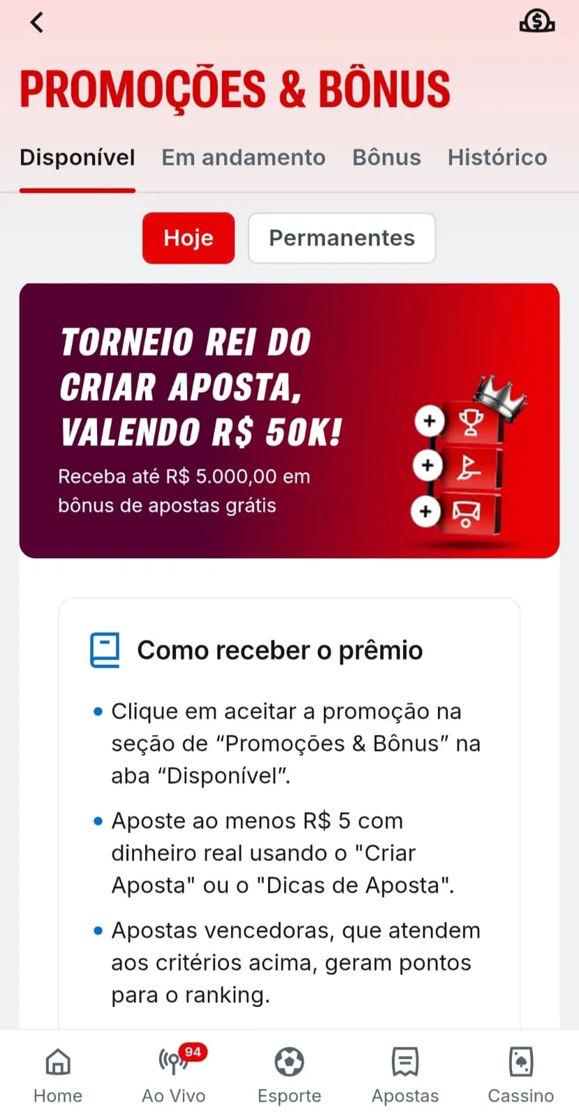 Torneio de apostas esportivas com prêmio de R$50 mil valendo para palpites com criar aposta.