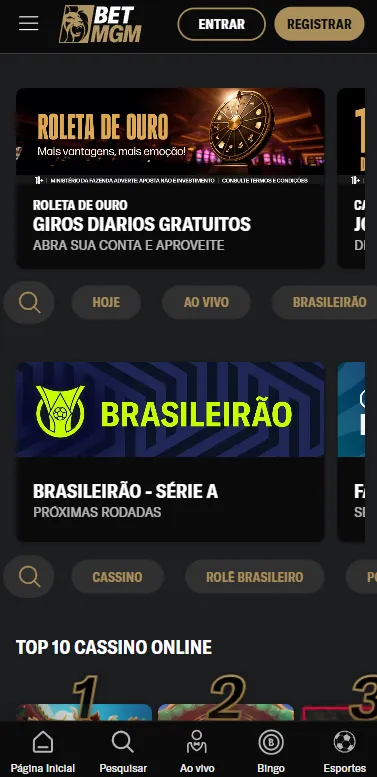 Página inicial da BetMGM com Roleta de Ouro e destaque para a Série A do Brasileirão