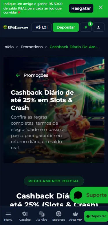 Regulamento do cashback de até 25% em slots e crash games da Br4Bet