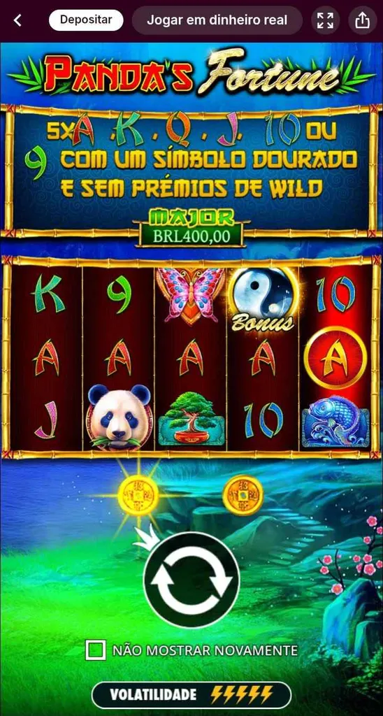 Diferentes simbolos de Panda's Fortune e textos explicativo sobre o jackpot de R$400