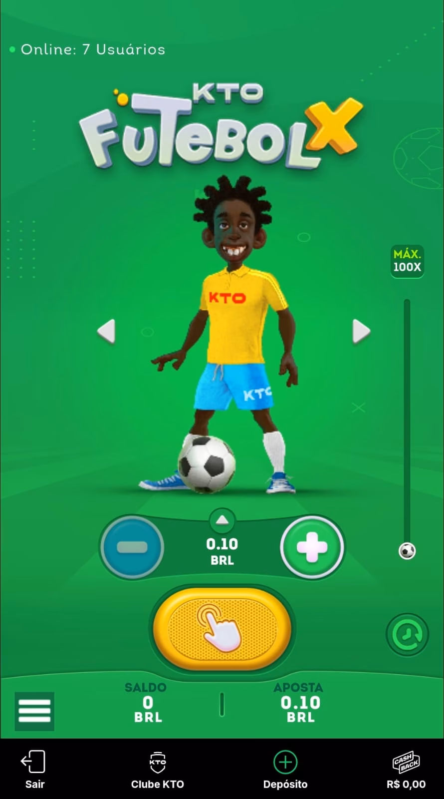  Imagem da tela inicial do KTO FootballX com destaque para o jogador e sua roupa personalizada e aposta mínima a partir de R$0.10.
Data: 19/05/26