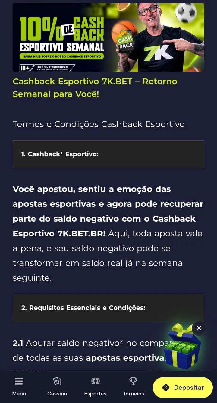 Cashback semanal esportivo na 7kbet, com texto explicativo e craque Neto no banner promociomal