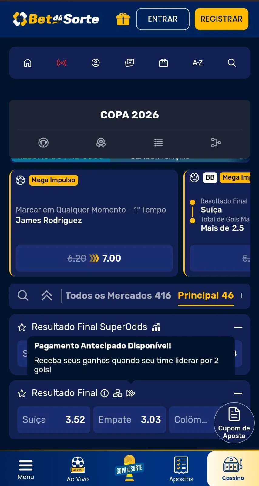 Captura de imagem da partida entre Suíça x Colômbia pela Copa do Mundo na Bet dá Sorte, com destaque para a opção de Pagamento Antecipado Disponível
Data: 07/07/2026