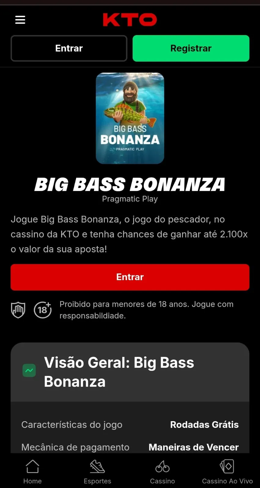 Resenha do Big Bass Bonanza na KTO com uma descrição do jogo e a tabela de visão geral sobre o slot