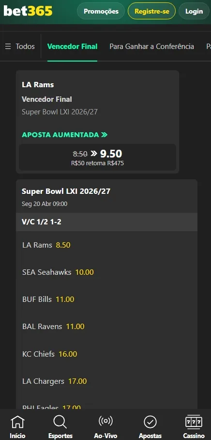 Lista de eventos da NFL com aposta aumentada para o LA Ram