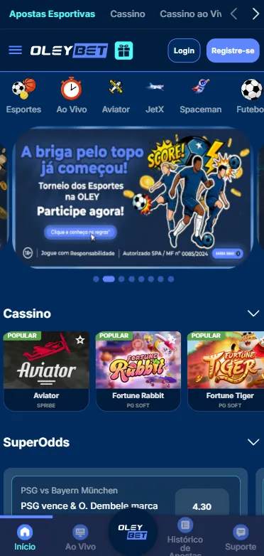 Página inicial da Oleybet com apostas esportivas e jogos de cassino