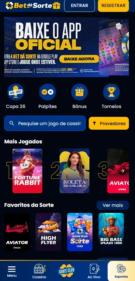 Cassino na Bet dá Sorte com destaque para o app oficial e jogos mais jogados, como Fortune Rabbit