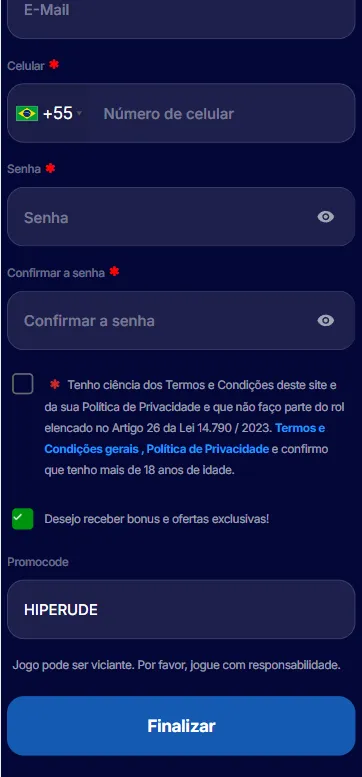  Formulário de cadastro da HiperBet com campos de dados pessoais e código promocional HIPERUDE