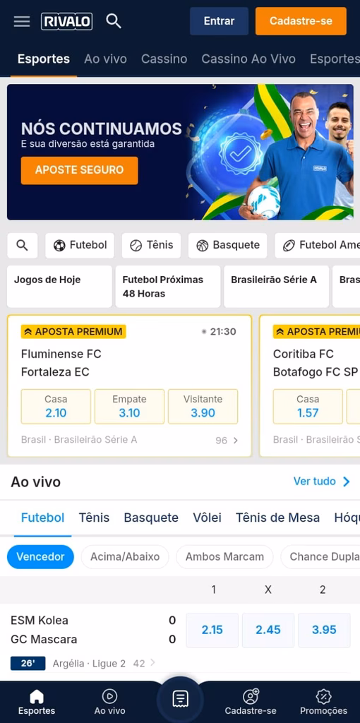 Seção de esportes da Rivalo com jogos ao vivo e publicidade da segurança da licença de operação no Brasil