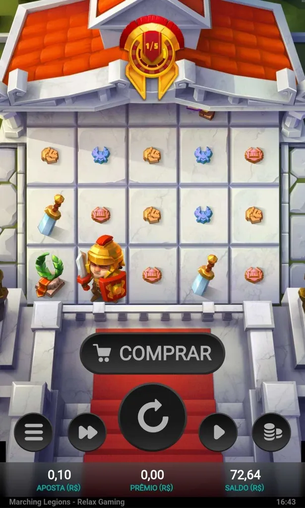 Diferentes figuras na grade 5x3 do jogo Marching Legions, com botão COMPRAR em destaque acima do botão de giro