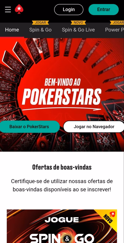 Seção inicial da PokerStars com botões de escolha para baixar o app ou jogar pelo navegador, além de oferta de boas-vindas