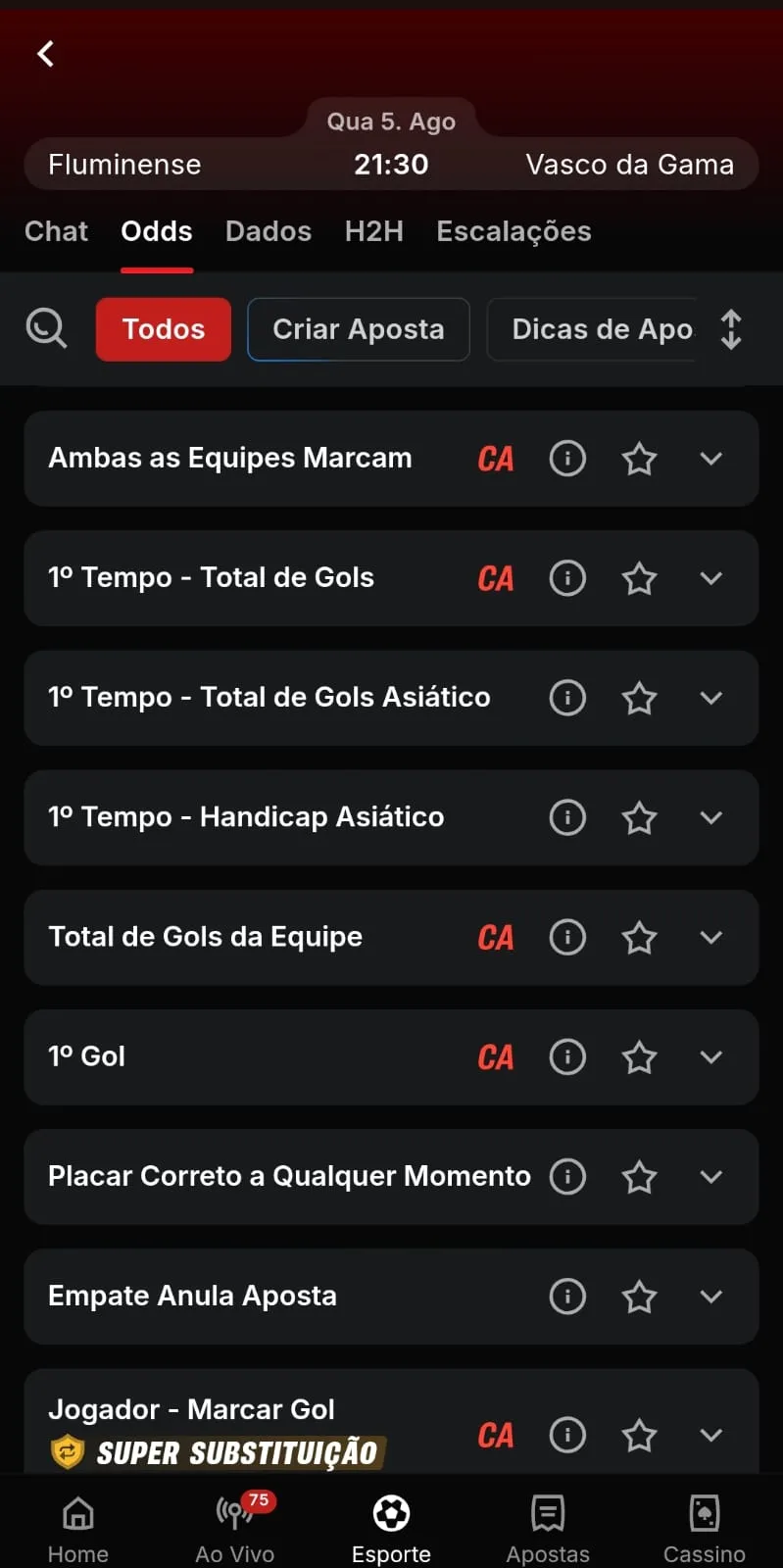  Mercados na Superbet para a partida entre Vasco e Fluminense pela Copa do Brasil
Data: 03/08/2026