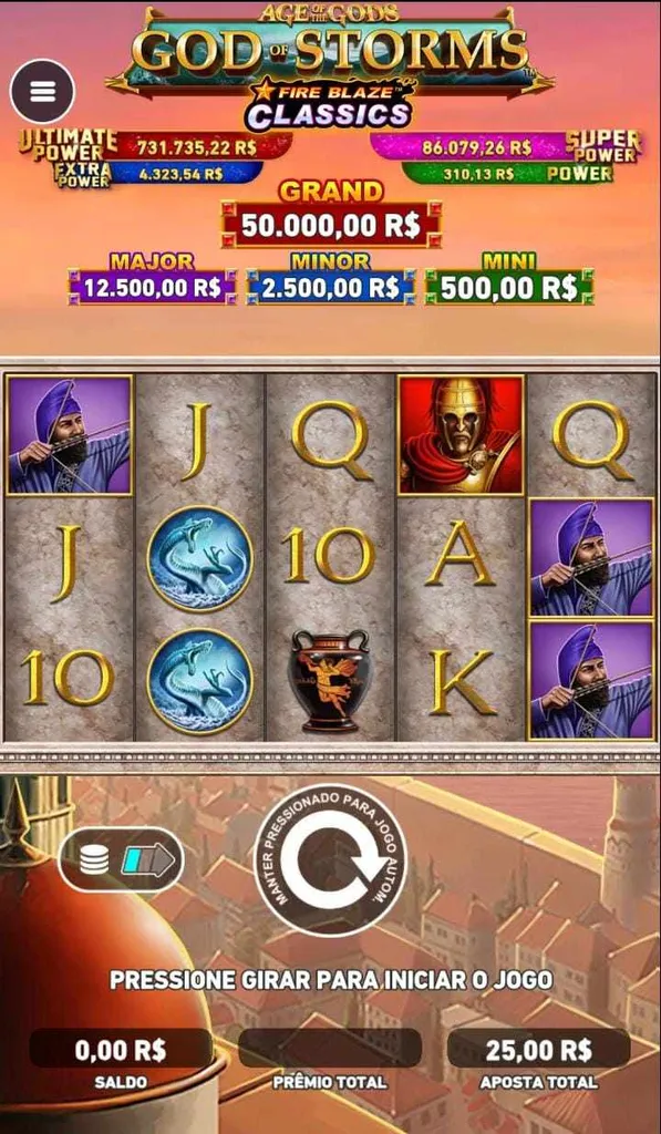 Jogo Age of the Gods, com diferentes símbolos na grade 5x3 e exibição dos valores dos 4 níveis de jackpots