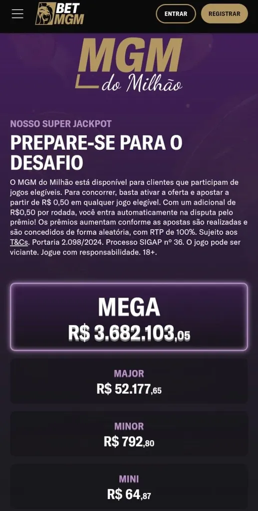 Oferta MGM do Milhão da BetMGM com prêmio mega de R$ 3.682.103,05 e mais 3 valores em disputa.
