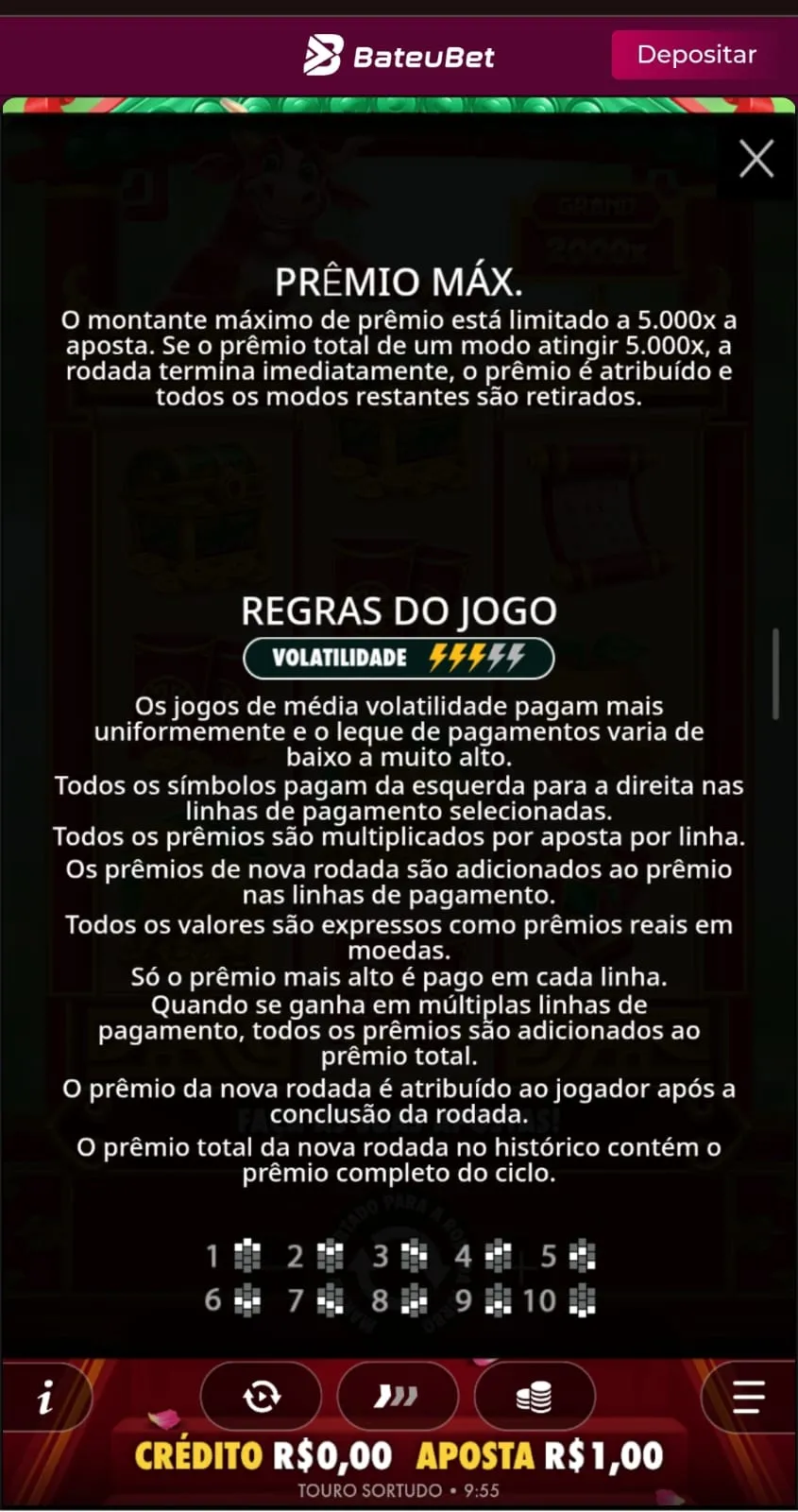 Regras do Touro Sortudo, incluindo prêmio máximo e linhas de pagamento.
