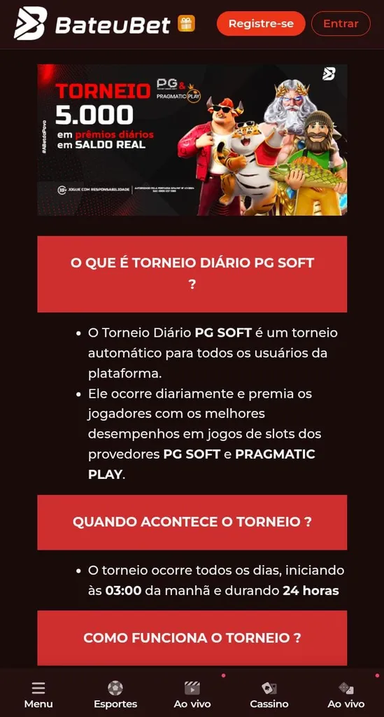 Torneio de slots da PG Soft de R$ 5 mil diário, com personagens de diferentes jogos e texto explicativo sobre o torneio