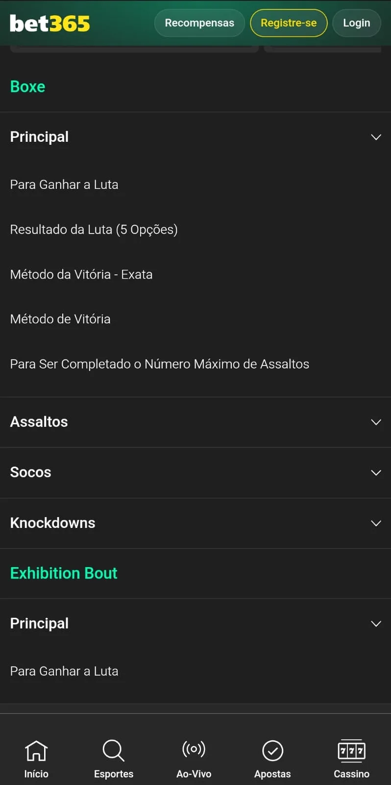 Mercados de aposta para boxe na bet365