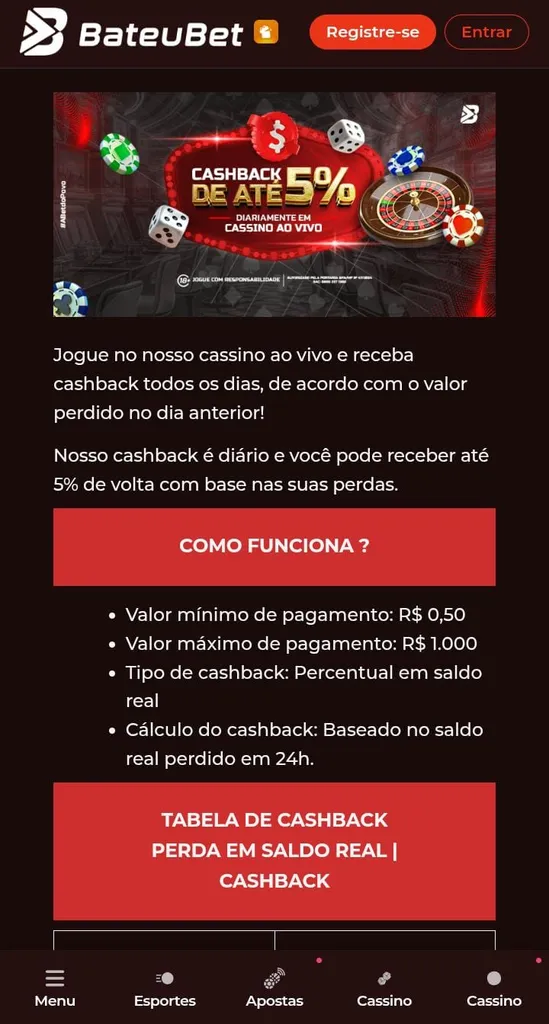 Página da oferta de cashback de cassino ao vivo da BateuBet