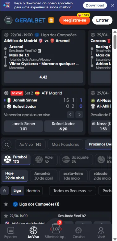 Banner de apostas múltiplas com Atlético de Madrid vs Arsenal em destaque e cotações ao vivo do ATP Madrid na Geralbet
