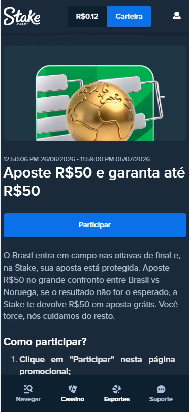 Oferta de Aposta Protegia, com R$ 50 em aposta grátis na partida Brasil x Noruega