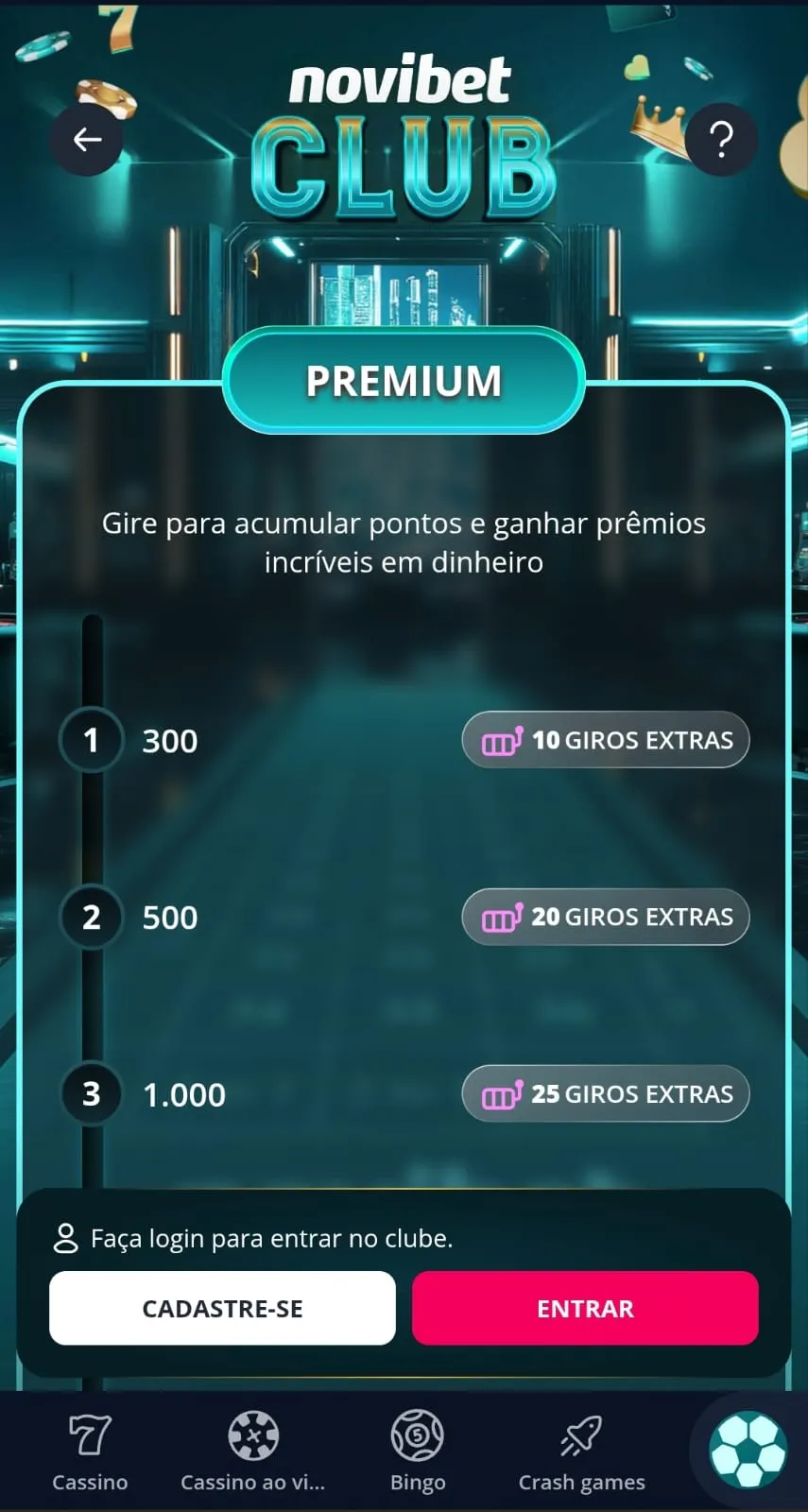 Novibet Club, com infográfico e a relação entre acúmulo de créditos e prêmios em giros extras.