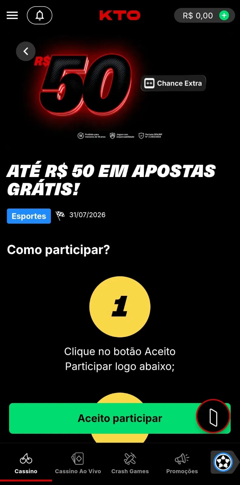 Chance Extra de até R$ 50 na KTO, com odds mínimas de 1.80 e prazo de 7 dias