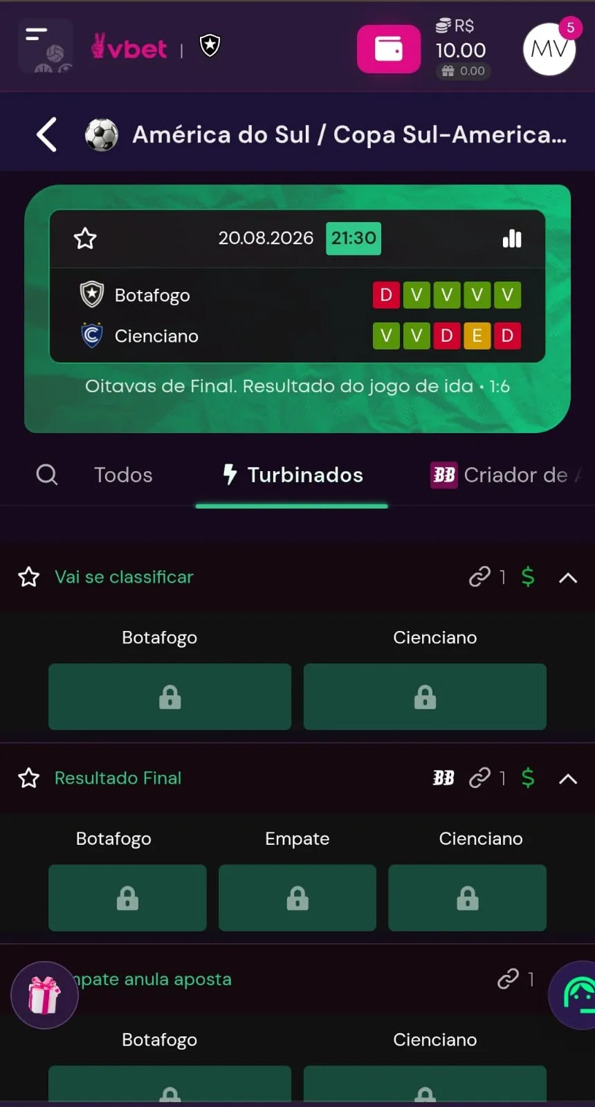 Mercados da categoria Turbinados em uma partida entre Botafogo x Cienciano pela Copa Sul-Americana na VBet.