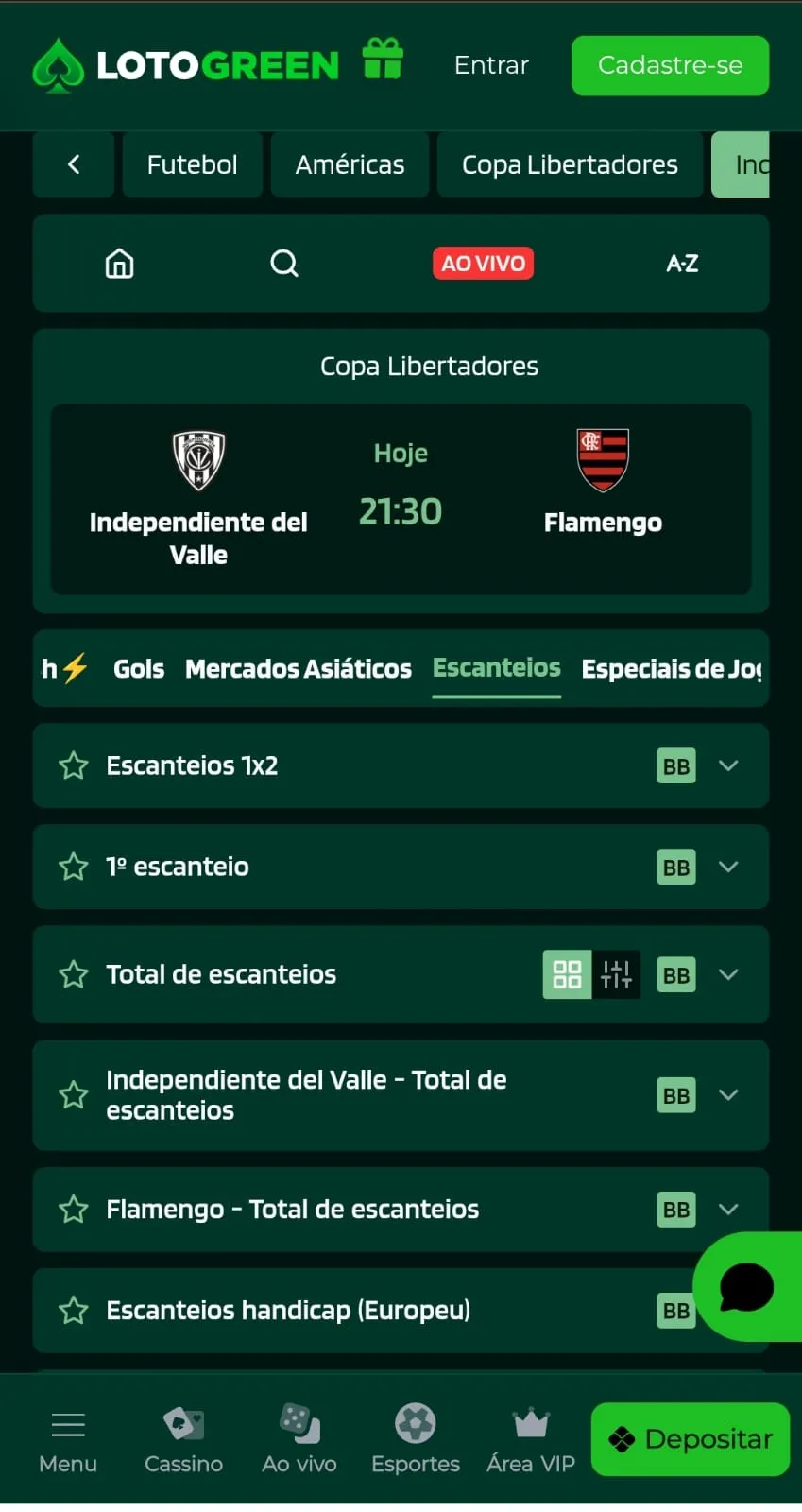Página do mercado de escanteios do Independiente del Valle x Flamengo na Lotogreen