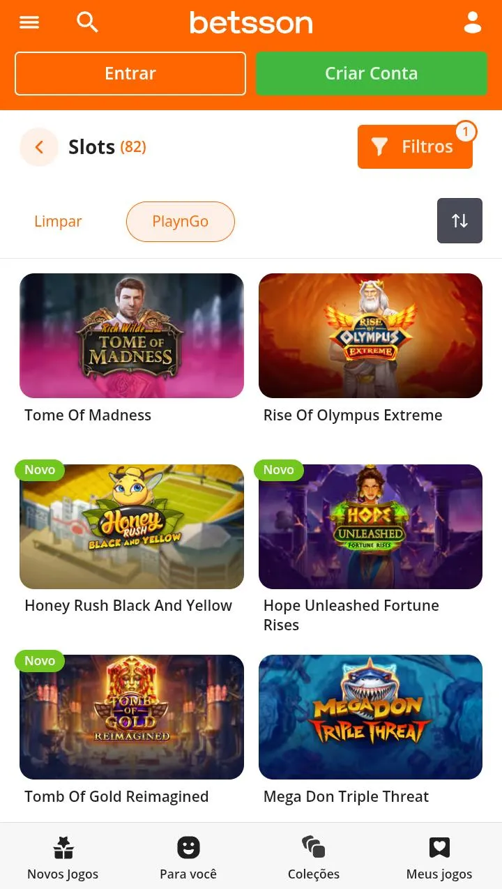 Ícones de 6 dos 82 slots da Play N' GO na Betsson, incluindo Tome of Madness e Rise of Olympus Extreme
