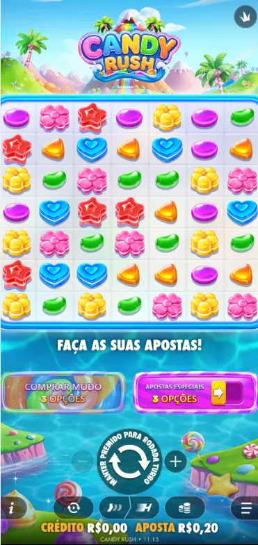 Tela do Candy Rush na Rivalo com apostas a partir de R$0,20