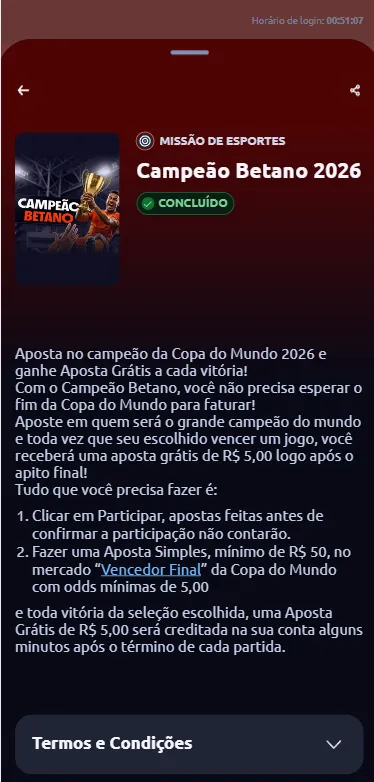 Promoção Campeão Betano com apostas grátis a cada vitória da seleção escolhida