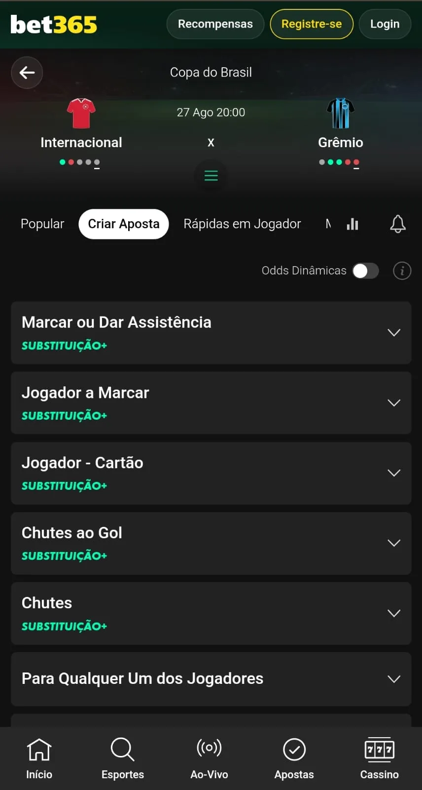 Mercados do Gre-Nal na Copa do Brasil disponíveis no Criar Aposta, incluindo opções de jogadores com Substituição+ na bet365.