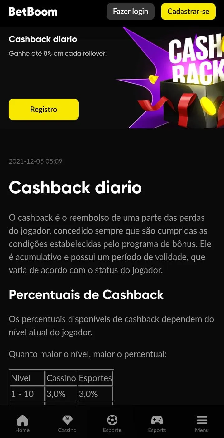 Cashback diário de até 8% da Betboom, com texto explicativo sobre como funciona a oferta
