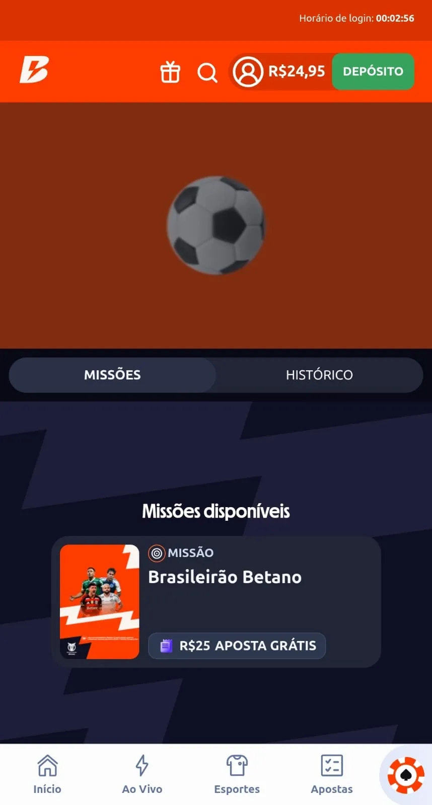 Paínel de missões da Betano com uma oferta para o Brasileirão.