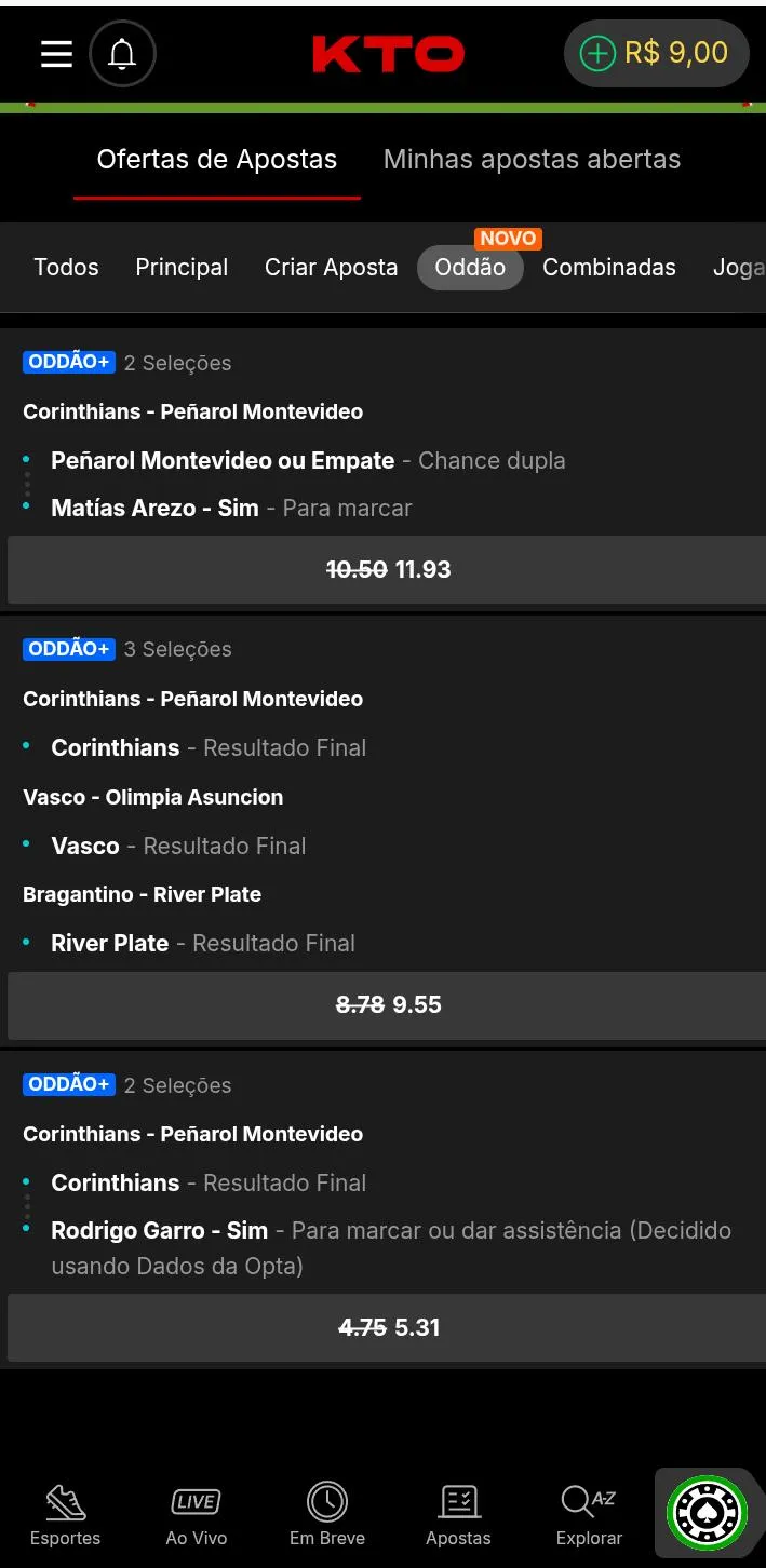 Oddão da KTO para jogos do Corinthians - Penarol, Vasco -Olimpia e Bragantino - River Plate