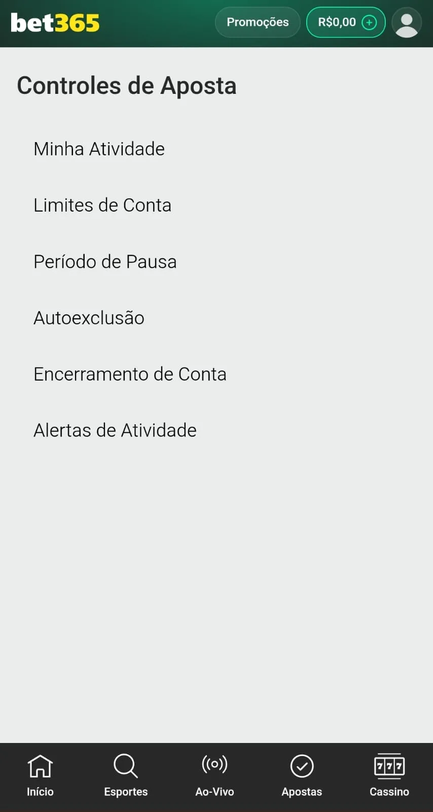 Página de controles de aposta da bet365 com opções para limites de conta, autoexclusão, entre outros.