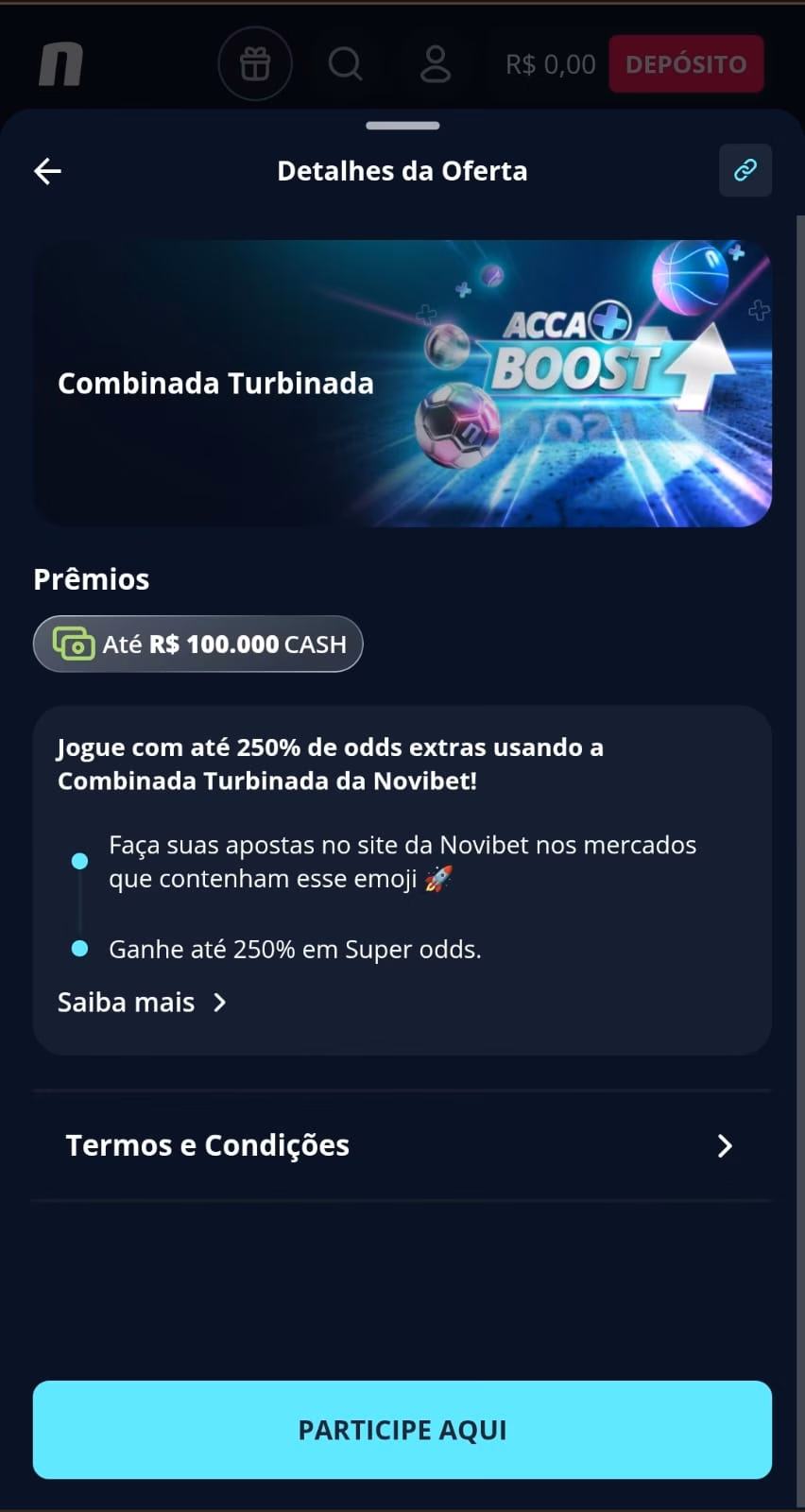 Oferta Combinada Turbinada que aumenta o ganho potencial conforme o número de seleções nas múltiplas na Novibet.