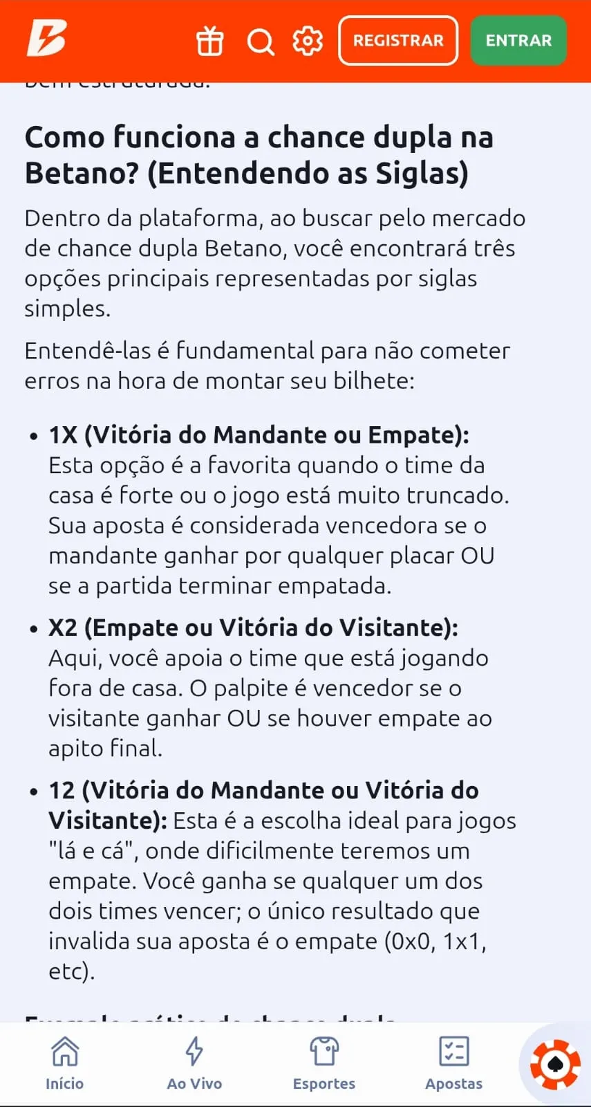 Guia explicando o funcionamento do mercado de chance dupla na Betano
