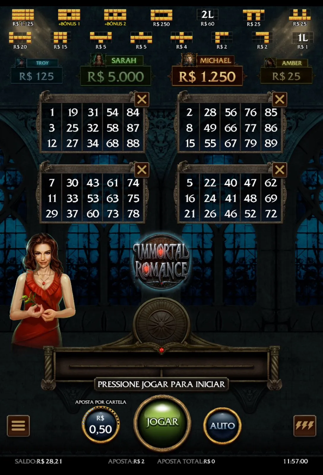 Bingo online com 4 cartelas de 15 números cada e aposta definida em R$ 0,50.