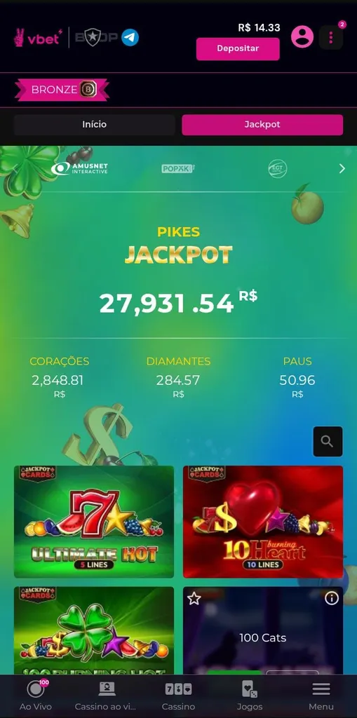 Pikes Jackpot na Vbet, com destaque ao grande prêmio de R$ 27.931,54 e ícones de 4 jogos da categoria