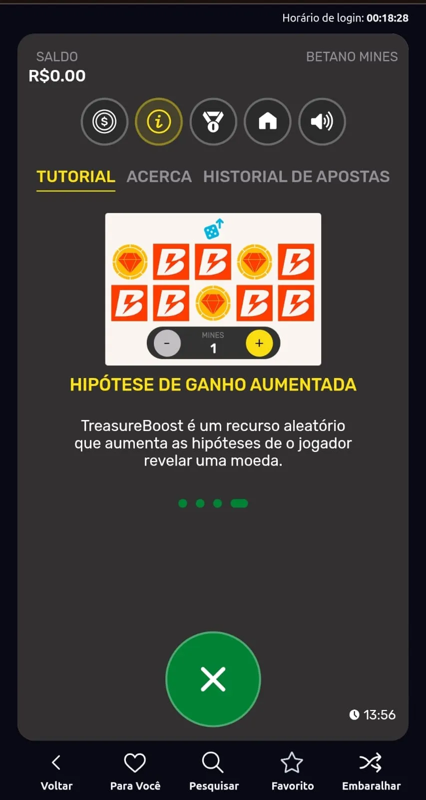 Recursos do Betano Mines, incluindo diamantes e a função de Hipótese de Ganho Aumentada.
