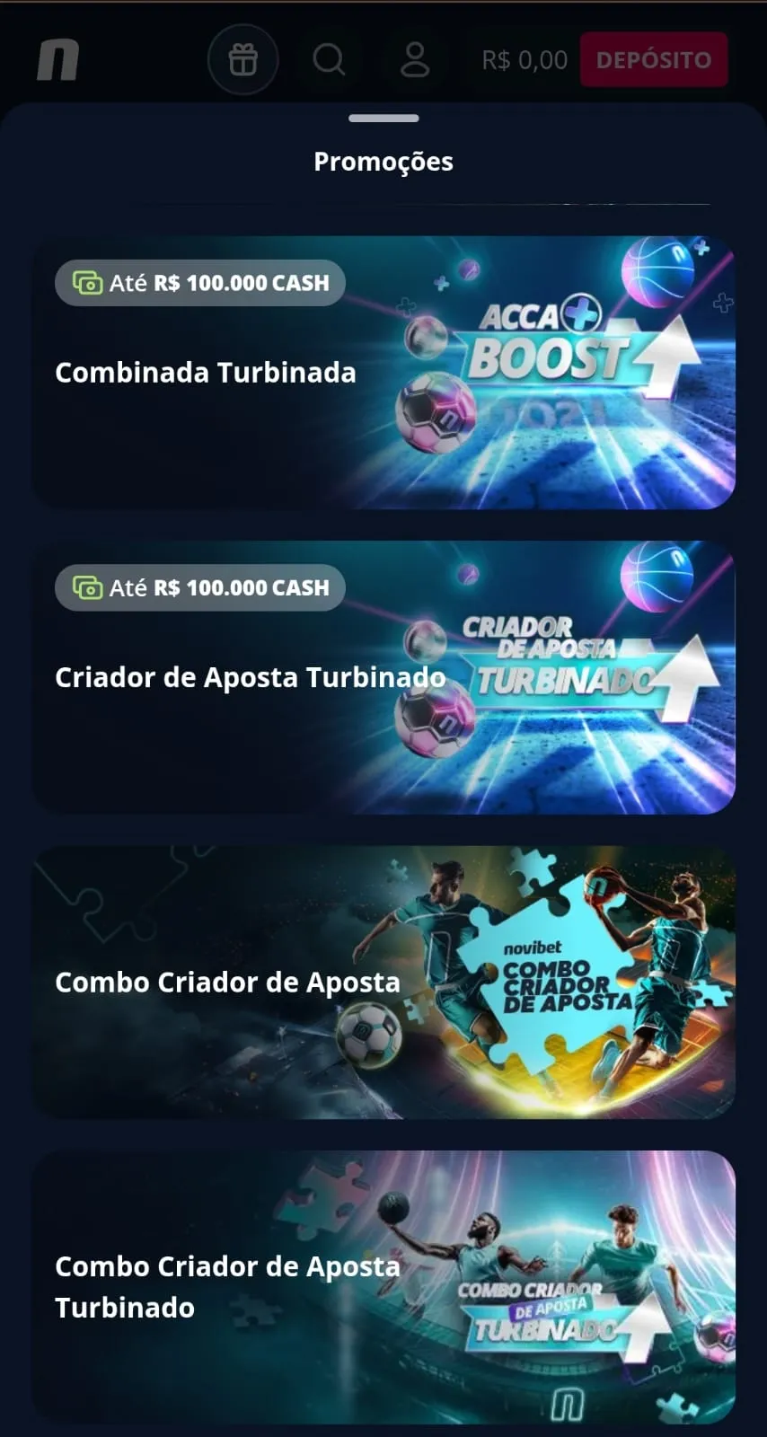 Banner das ofertas de Combinada Turbinada, Criador de Aposta Turbinado e outra oferta para montagem de palpites múltiplos na Novibet.