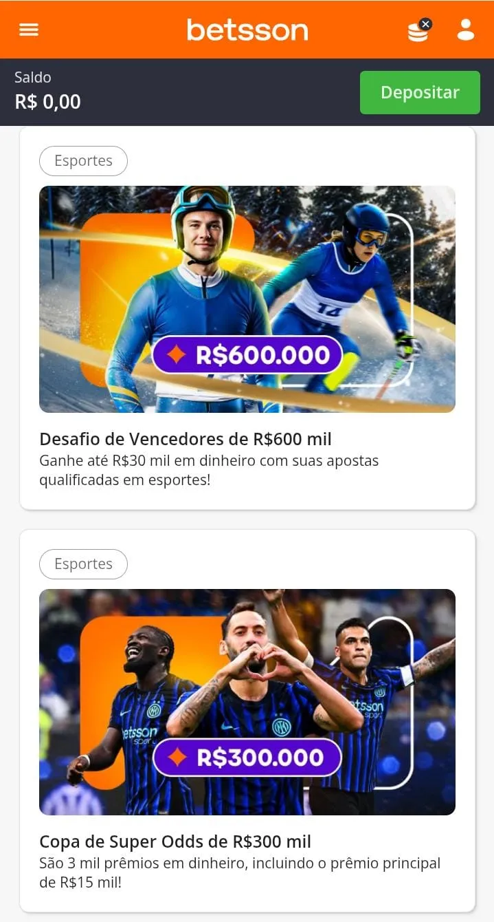 Ofertas de torneios de esportes da Betsson, incluindo Desafio de Vencedores de R$ 600 mil