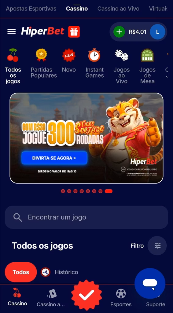 Tela inicial de esportes e cassino Hiperbet