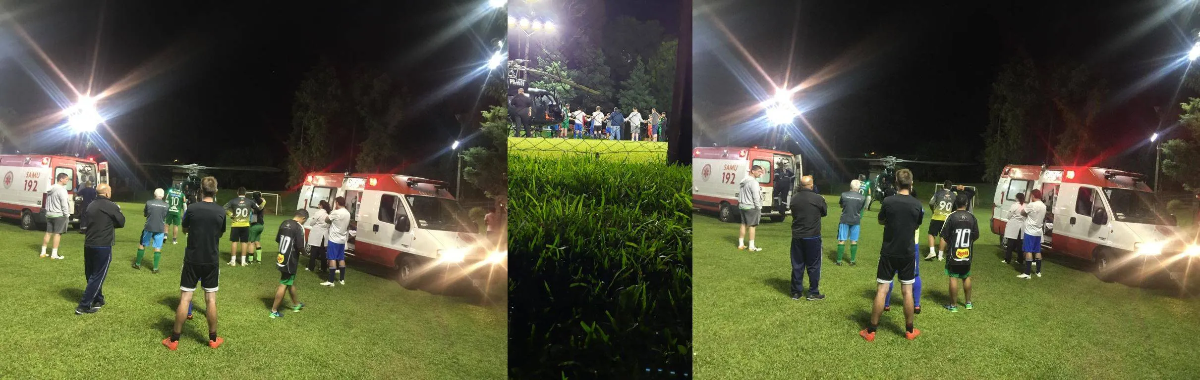 Colegas de futebol rezam para o resgate salvar o amigo Rafael Henzel (foto do meio). 